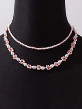 2pcs Light Pink Flower Decor Beaded Necklace for Women Girls Accessories Jewelry