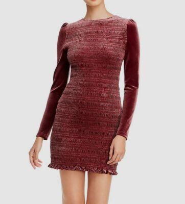 aqua red velvet dress $216 Aqua Women's Red Velvet Smocked Long Puff-Sleeve Mini Bodycon Dress  Size M