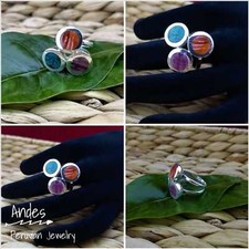 Handmade peruvian ring 950 silver w/ 3 circular stones/shells Size 7.5