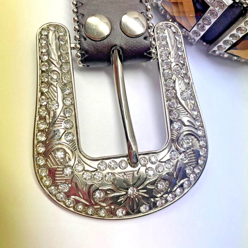BHW Western Amber Bling Cowgirl Belt Gen Leather Sz L 36-38 Brown Silver Rodeo - Image 2 of 4