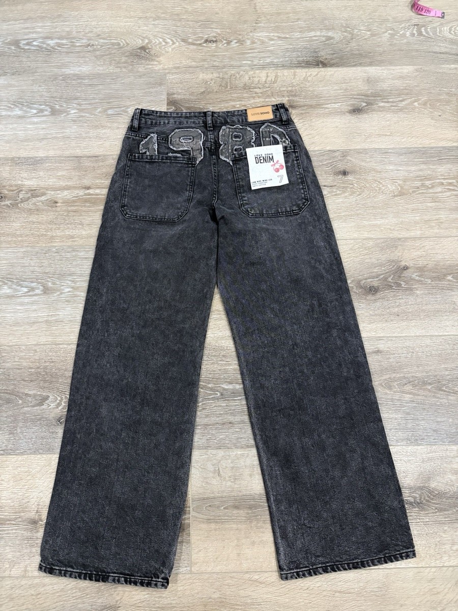 Love Soho Women's Jeans Sz 7 Black Wash WideLeg Y2K 1980 Graphic