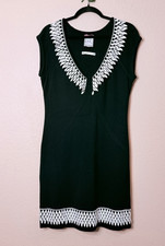 Yoana Baraschi Black White Knit Lace Trim V Neck Dress Size Large XL Stretch