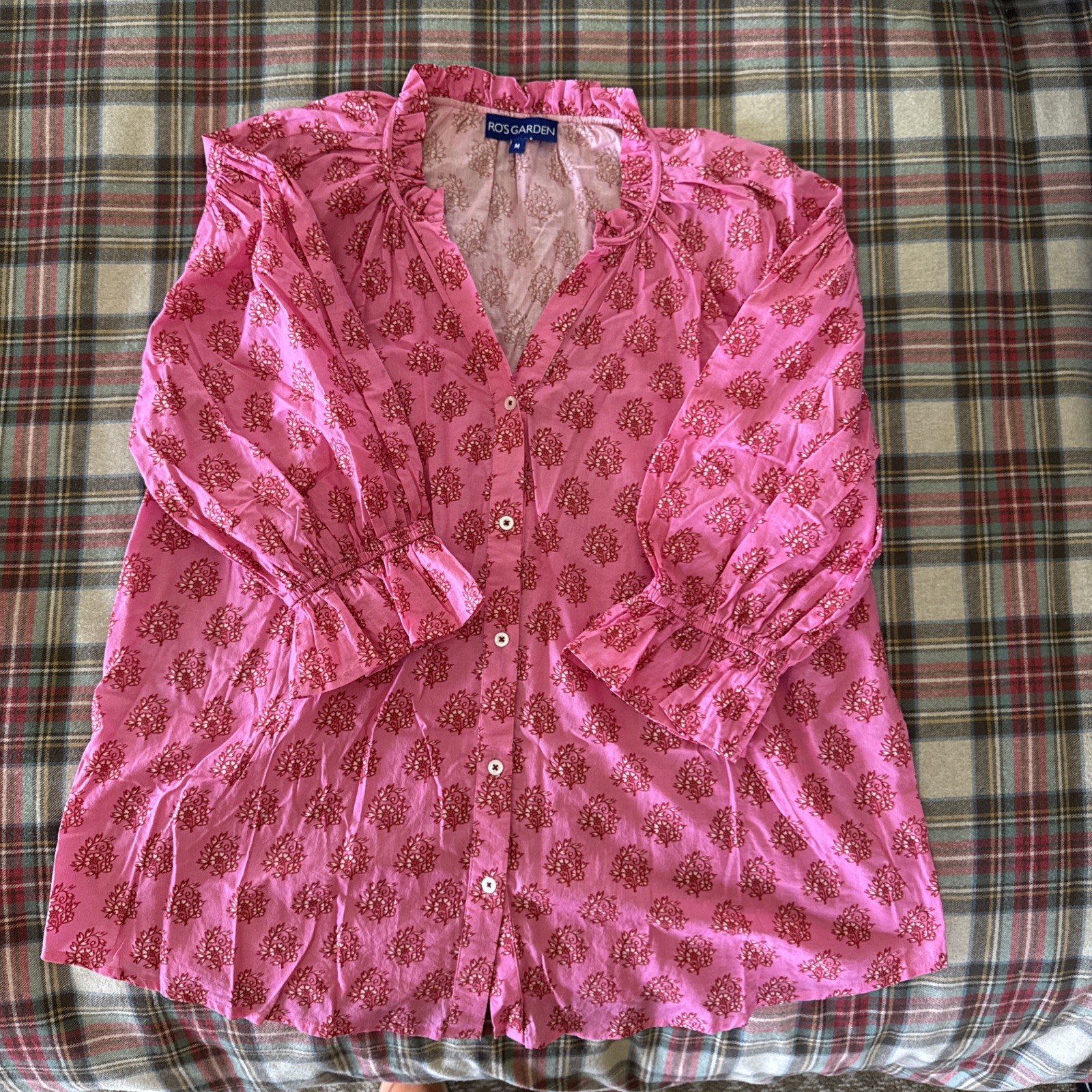 RO'S GARDEN SZ M 100% Cotton Pink Botanical Peasant Ruffle Button Blouse