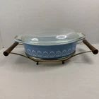 Vintage Pyrex Blue Tulip 1.5 Qt Casserole Dish #043 With Cradle