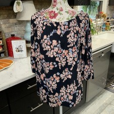 J Jill Floral Knit Top Size M Blue Pink Feminine Preppy 3/4 Length Sleeve New