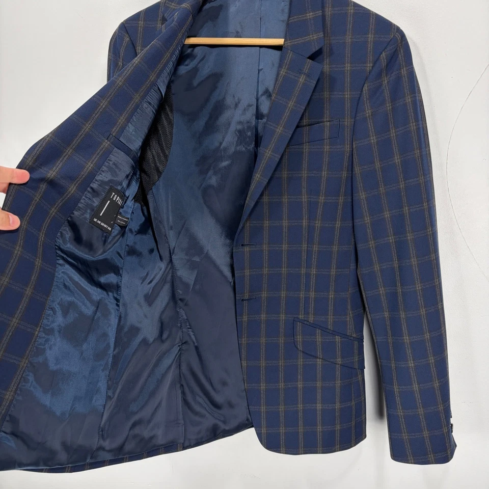 Topman Blazer Abrigo Deportivo Hombre Talla 34R Azul Marino Cuadros Poli Rayón 2 Botones Foto 3 de 4