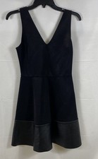 AQUA Women's Black V-Neck Dress Faux Leather Trim Sleeveless NWT Size S