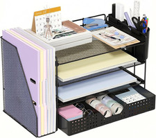 Desk Organizer, 4-Tier Paper Organizer Letter Tray with File Holder, Drawer and