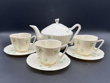 Beleek Embossed Shell Shamrock with Harp Handle Tea Set