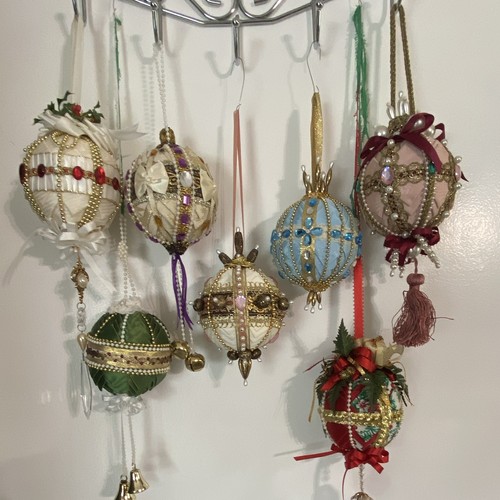 Set of 7 Large Beaded Push Pin Fabric Ball Christmas Ornaments
