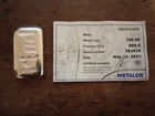 1  X  100g Silver Bullion Bar - Metalor  With Certification 999.0 Fineness