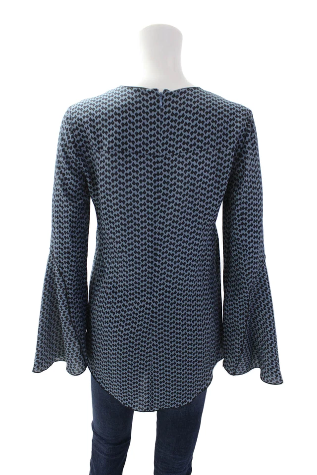 Blusa Derek Lam Feminina Decote V Manga Longa Estampada de Seda Azul Preta Tamanho 0 - Imagem 3 de 4