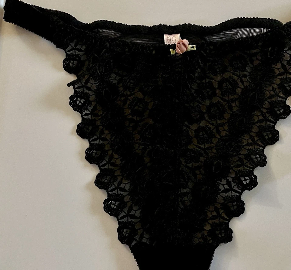 复古 Victoria's Secret Y2K 丁字裤内裤 L 高帮黑色蕾丝粉色玫瑰 — 第 2/4 张图片