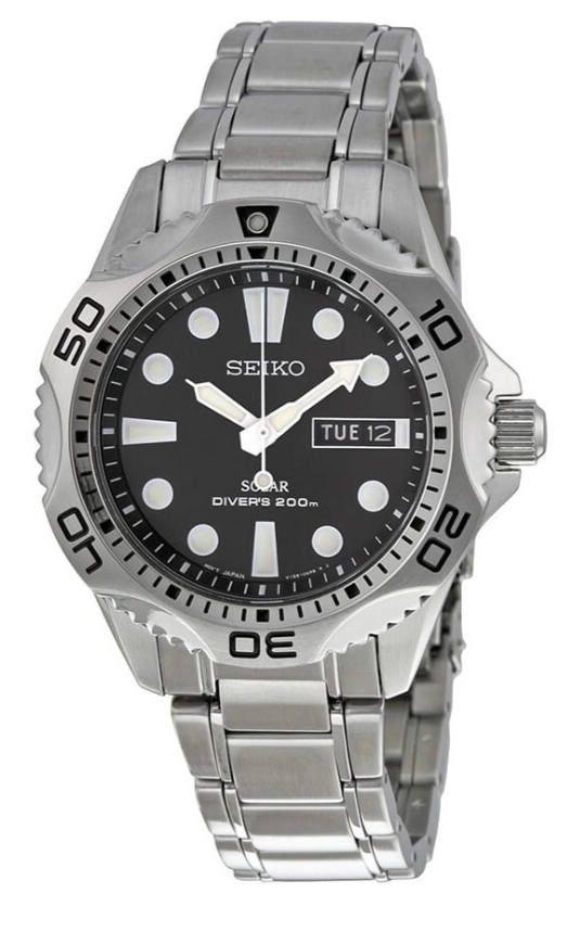 SEIKO SOLAR SNE107P1 Diver Watch 200m Silver Day Date Steel Grey