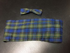Vtg Silk Clip On Bow Tie  Cummerbund Set Blue Green Black Tartan Plaid