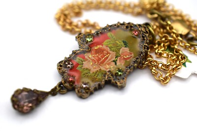 Michal Negrin Small Pendant Necklace, Hamsa w/Flowers, Swarovski