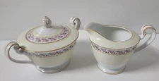 Noritake Fine China Creamer & Sugar Bowl Set Pink Roses, Blue & Brown Leaves