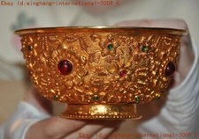 China ancient bronze Gilt Inlay gemstone flower statue Tea cup Bowl Bowls