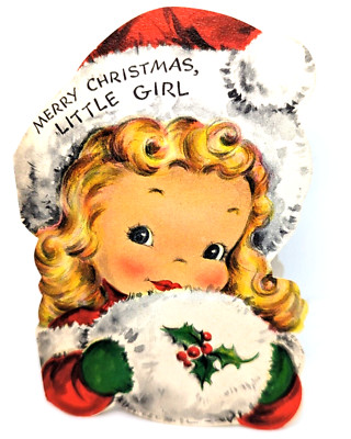 Vtg 1950's Little Girl Hand Muff Winter Christmas USA Greeting Card (EB8127)