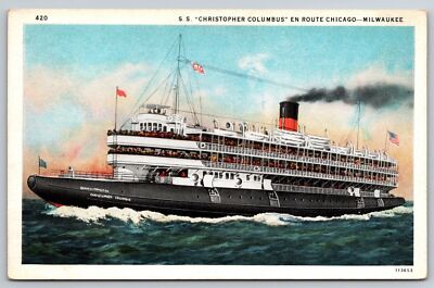 S.S. Christopher Columbus Ship En Route Chicago Milwaukee Postcard UNPOSTED #3