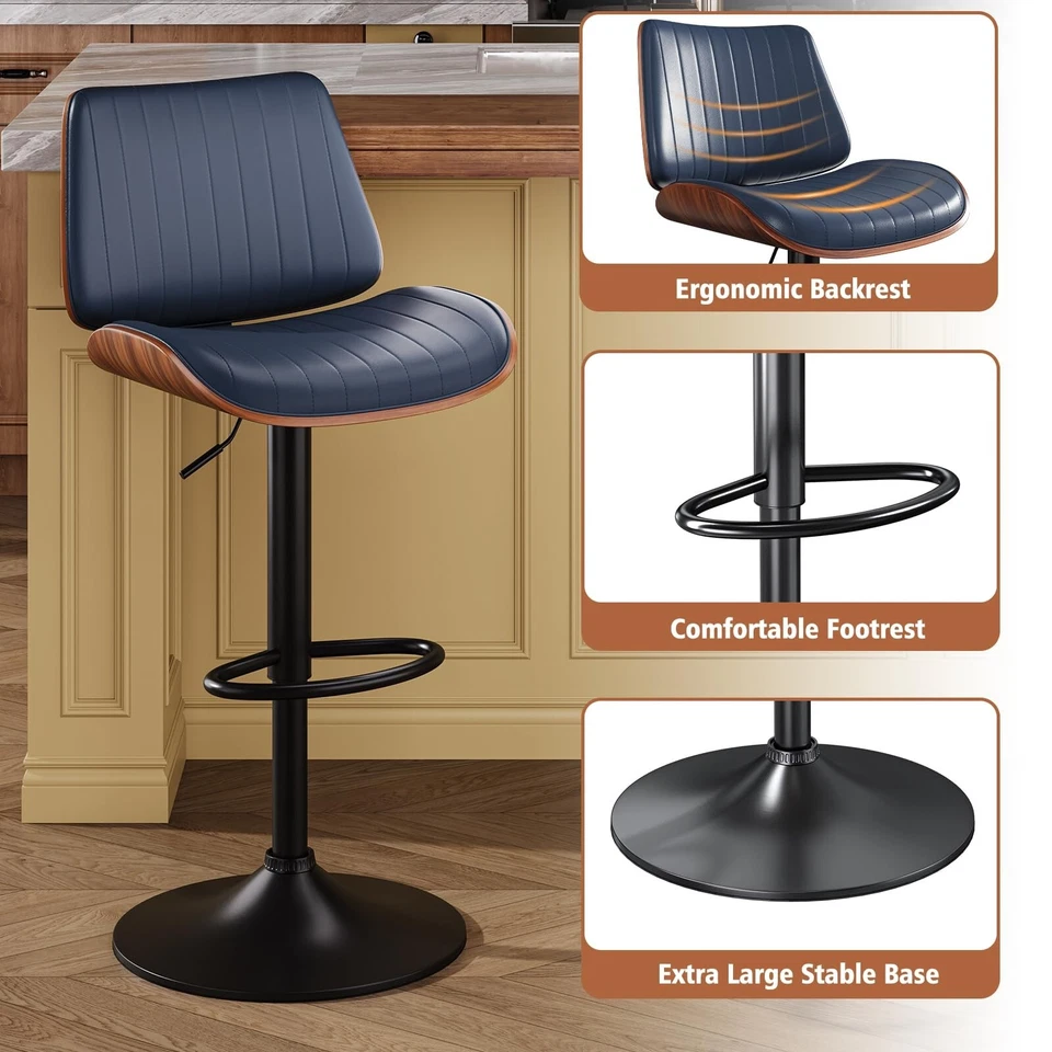1pc Bar Stool Swivel Adjustable with PU Leather Back for Kitchen Dining Blue - Image 4 of 4