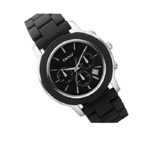 NEW DKNY BLACK,SILVER ACRYLIC RESIN BAND,CHRONOGRAPH LADY'S WATCH-NY8355