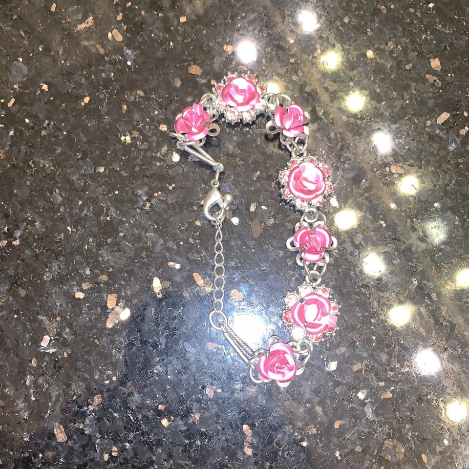 Pulsera Rosa Plata Rodio Gancho Cierre Rosas Estaño Dijes Foto 2 de 4