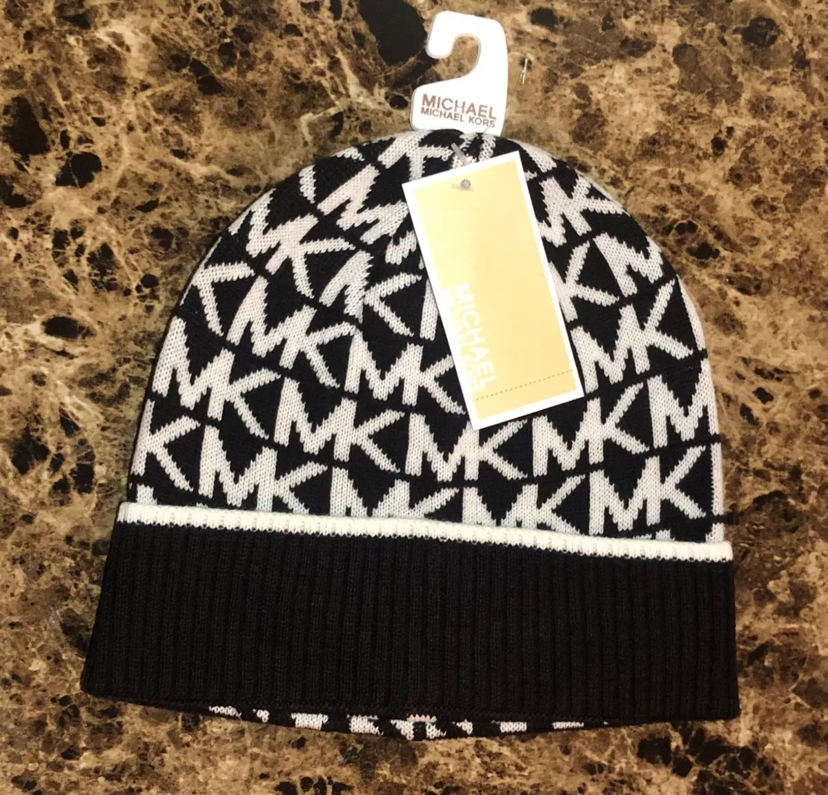 MICHAEL KORS Women's Black & White Monogram Beanie Hat One Size NWT $45