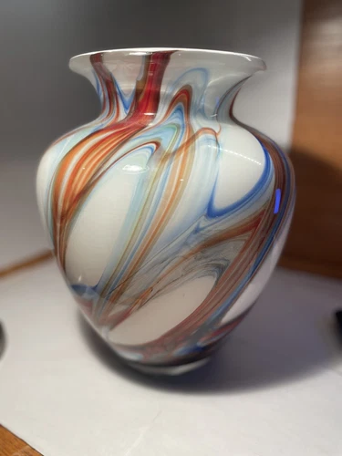 Vintage Orange, White and Blue Murano Style Hand blow Glass Vase Unknown Origin