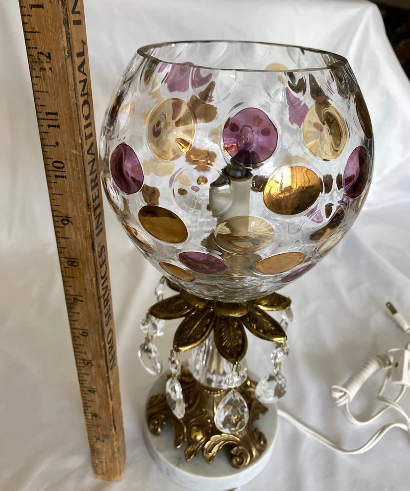 Lámpara de mármol de latón de vidrio de colección pantalla de vidrio checa CoinDot con prismas de cristal Foto 4 de 4