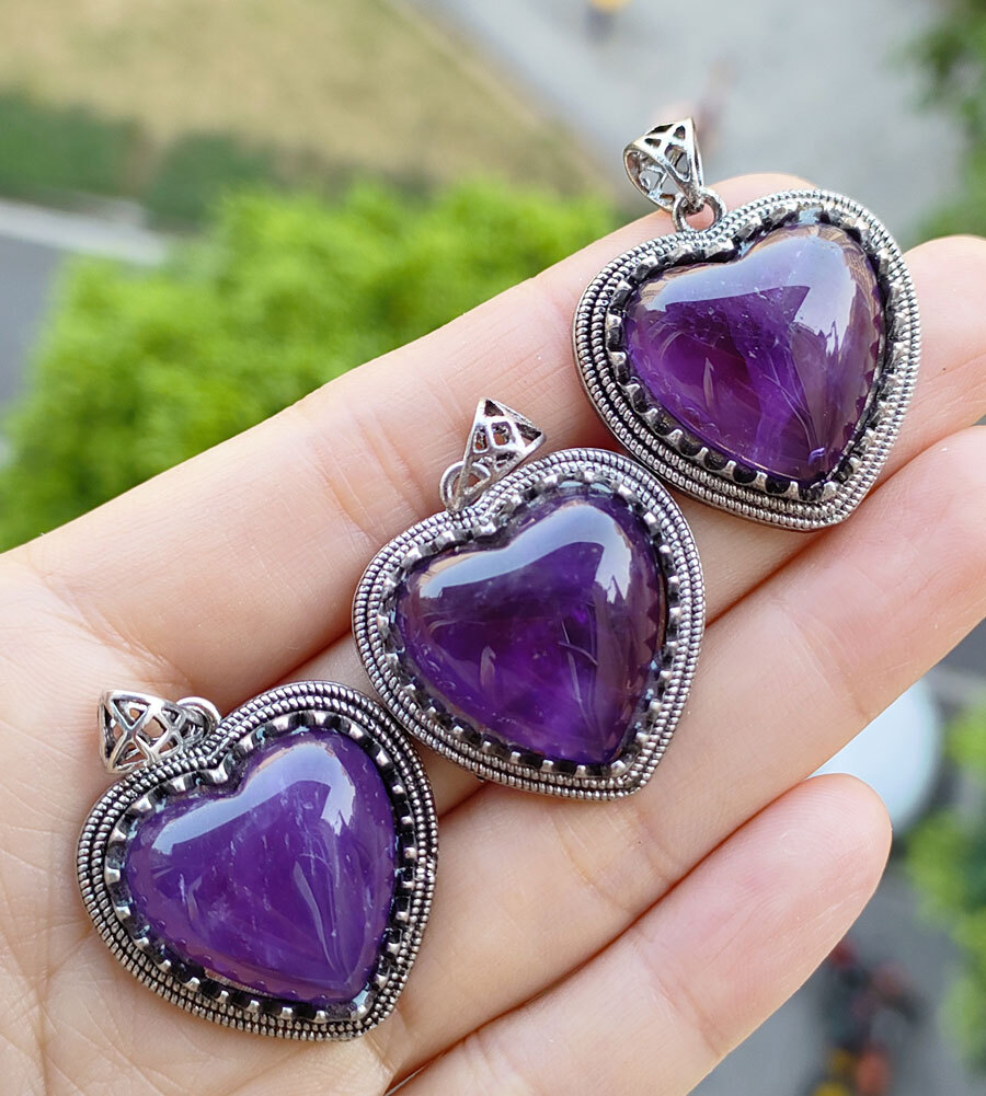 3pcs Natural Amethyst Gems Heart Pendants Magic Reiki Healing Amulet