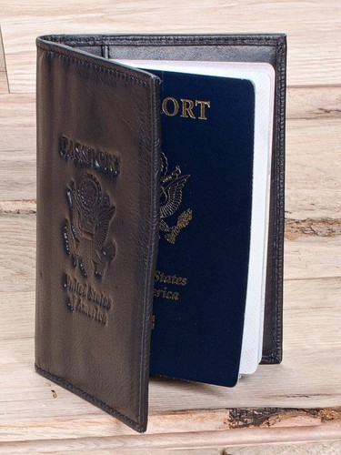 Black Genuine Leather Passport Cover Travel Document Bifold Wallet New - Picture 5 of 8