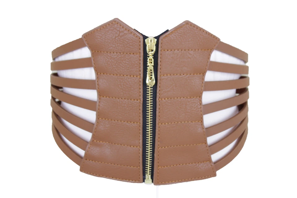 Novo Cinto Feminino Largo Elástico Cintura Alta Marrom Espartilho Dourado Zíper Ajuste Tamanho G GG - Imagem 4 de 4