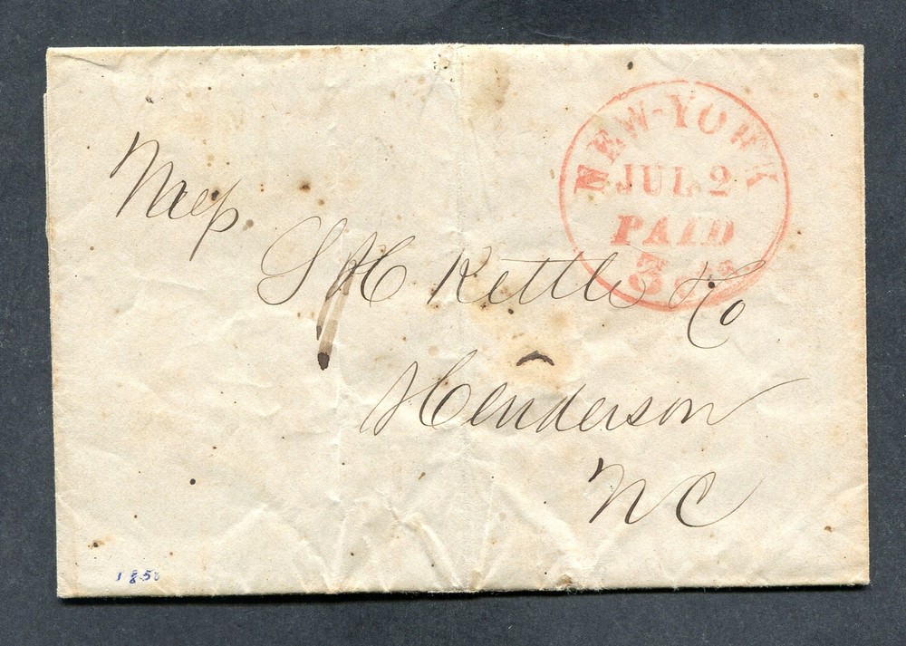 1850 New York to Henderson NC 3c Circular Rate Paid Ready Made Clothes Cover