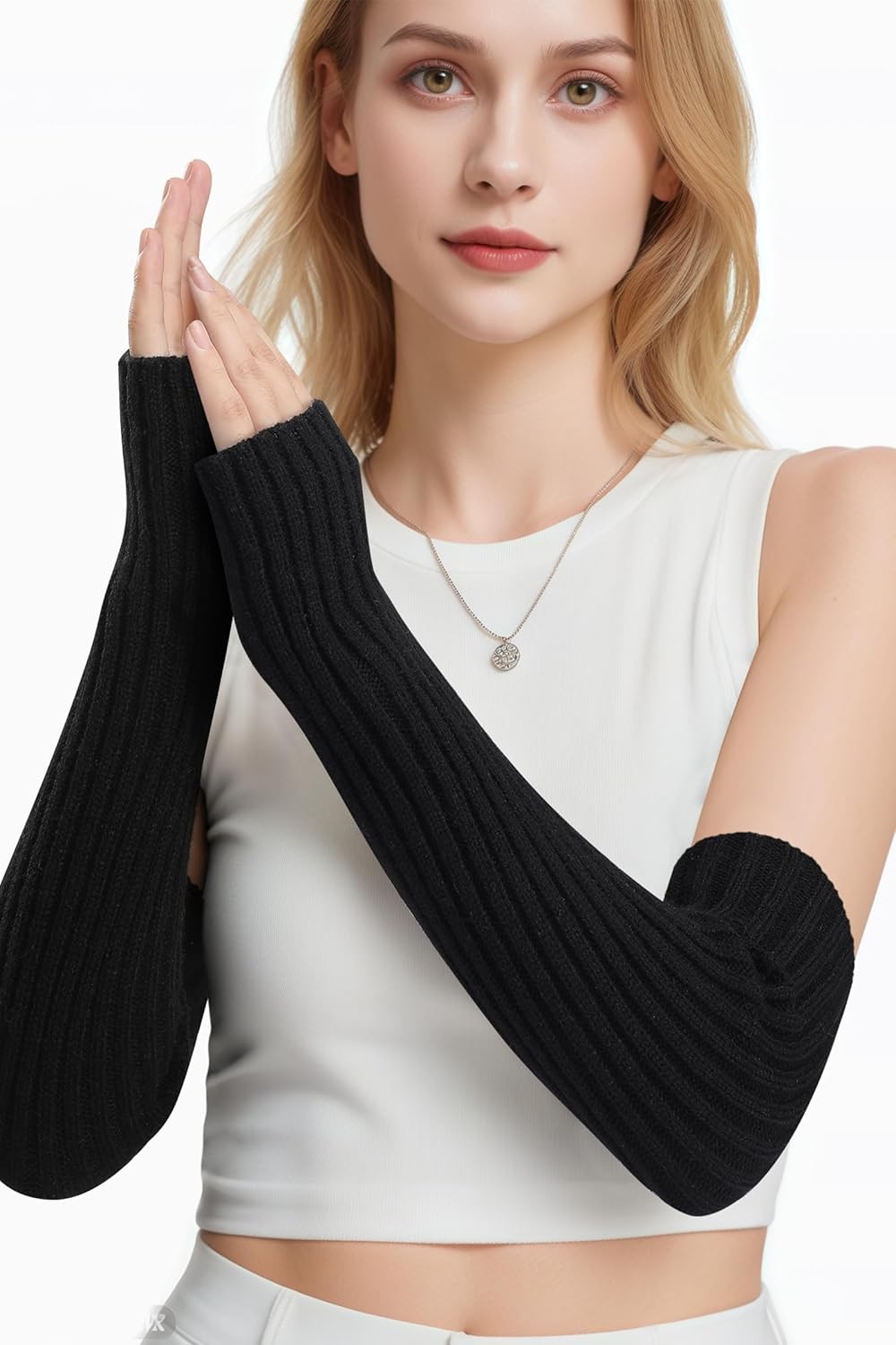 Clothirily Arm Warmers, Women's Winter Long Fingerless Gloves Knit Black 
