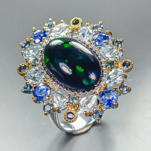Vintage ring 7 ct Natural Black Opal Ring 925 Sterling Silver Size 8 /R464580