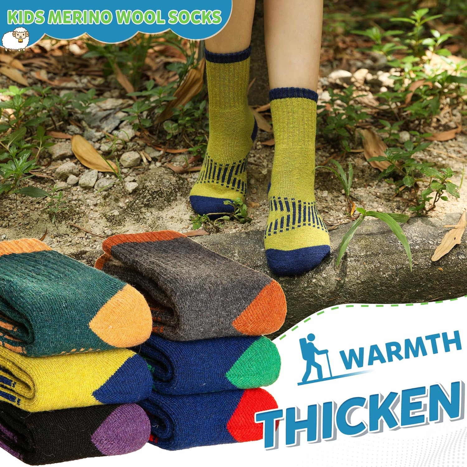 Kids Merino Wool Hiking Socks – 6 Pairs Thermal Winter Cozy Boot Socks