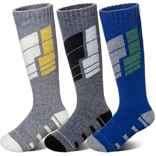 Kids Merino Wool Ski Socks Boys Girls Thermal 8-12 Years Grey/Blue/Dark Grey