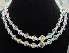 Vintage Double Strand Aurora Borealis Faceted Crystal Bead Necklace