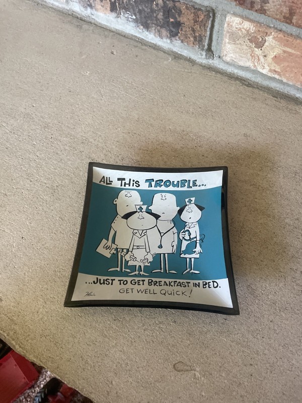 All This TROUBLE JUST TO GET BREAKFAST IN BED art deco glass candy tip tray