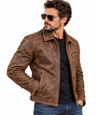 Chaqueta de motociclista de cuero de vaca marrón envejecido para hombre Abrigo de motocicleta vintage