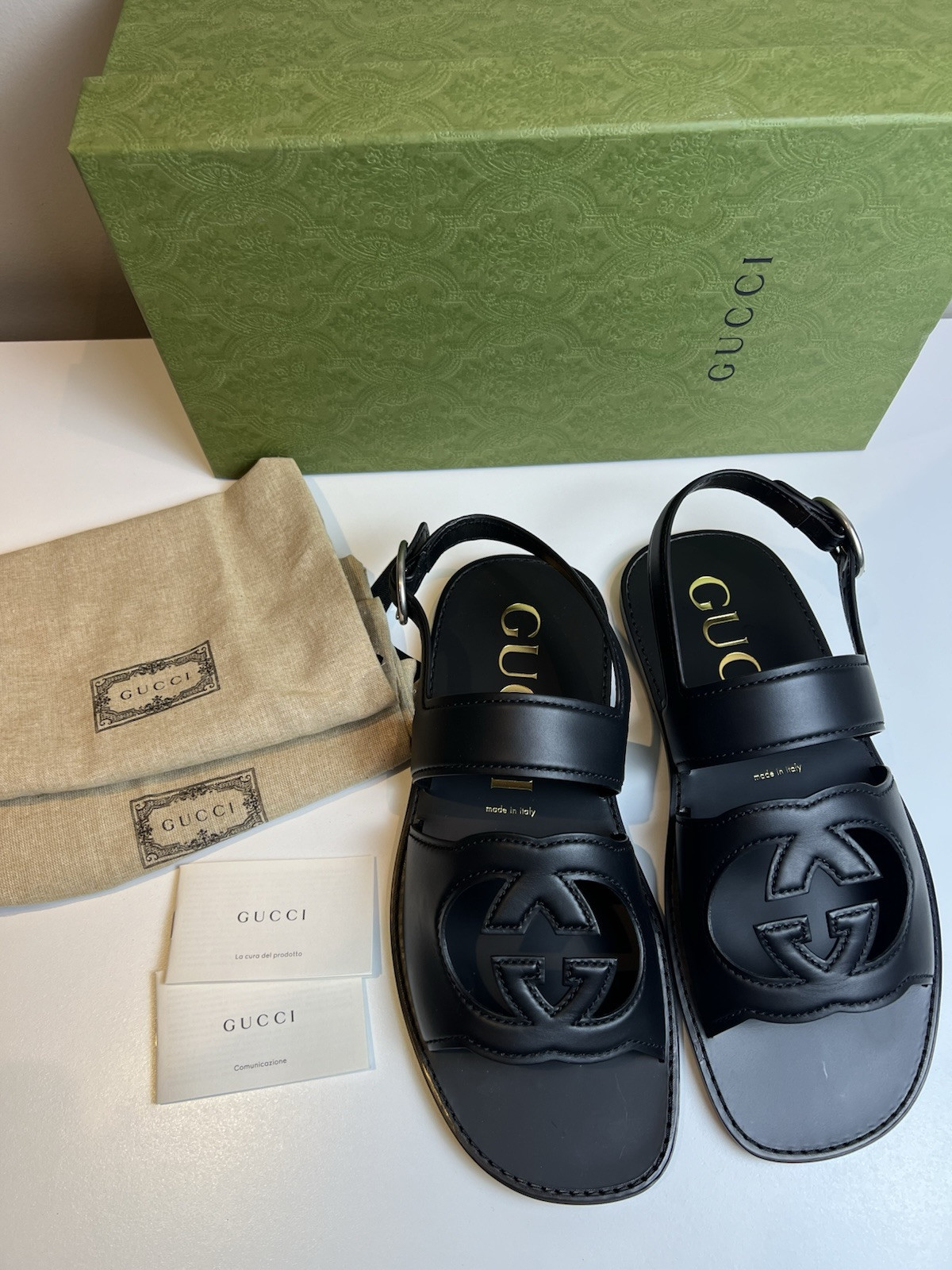 Authentic Gucci GG Logo Leather Sandals UK 9 US 9.5