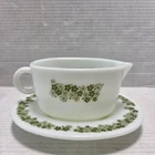 Vintage Pyrex Green Crazy Daisy Gravy Boat Server w/ Under Plate EUC