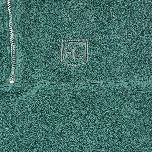 Vtg 90s Ralph Lauren women’s green 1/4 zip pullover with silver zipper and embroidered chest logo patch.
