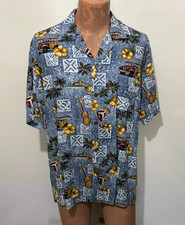 Winnie Fashion XL Aloha Hawaiian Woodie Ukulele Blue Batik Rayon Shirt USA Made