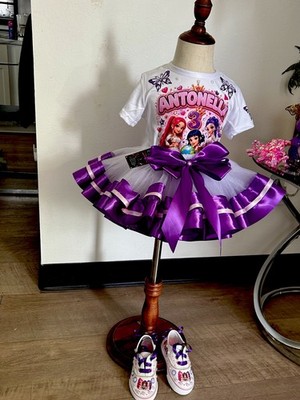 Girls Birthday 2-Piece Outfit Set Size 3 White Tee + Purple Pink Tutu Bow