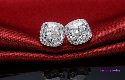 4Ct Cushion Cut Lab-Created Diamond Earrings 14K White Gold Finish Halo Studs
