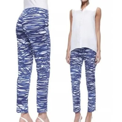 Lafayette 148 Stanton Pants Womens Sz 8 Blue Print Side Zip Crop Stretch Cotton