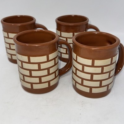 Set of 4 Vintage Brick Wall Ceramic Coffee Mugs, FBI USA Terracotta Mcm 50s
