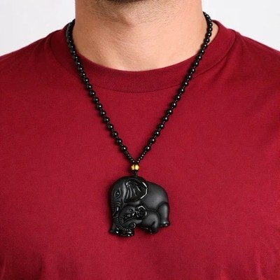 Handcrafted Black Resin Elephant Pendant Beaded Necklace Charm Unisex